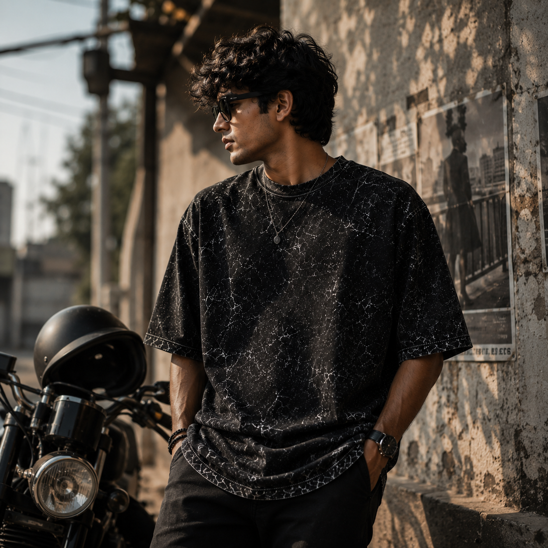 Premium black acid wash oversized t-shirt for men in 240 GSM heavyweight 100% cotton, featuring a vintage streetwear look with relaxed fit and urban styling by Bond Thread.