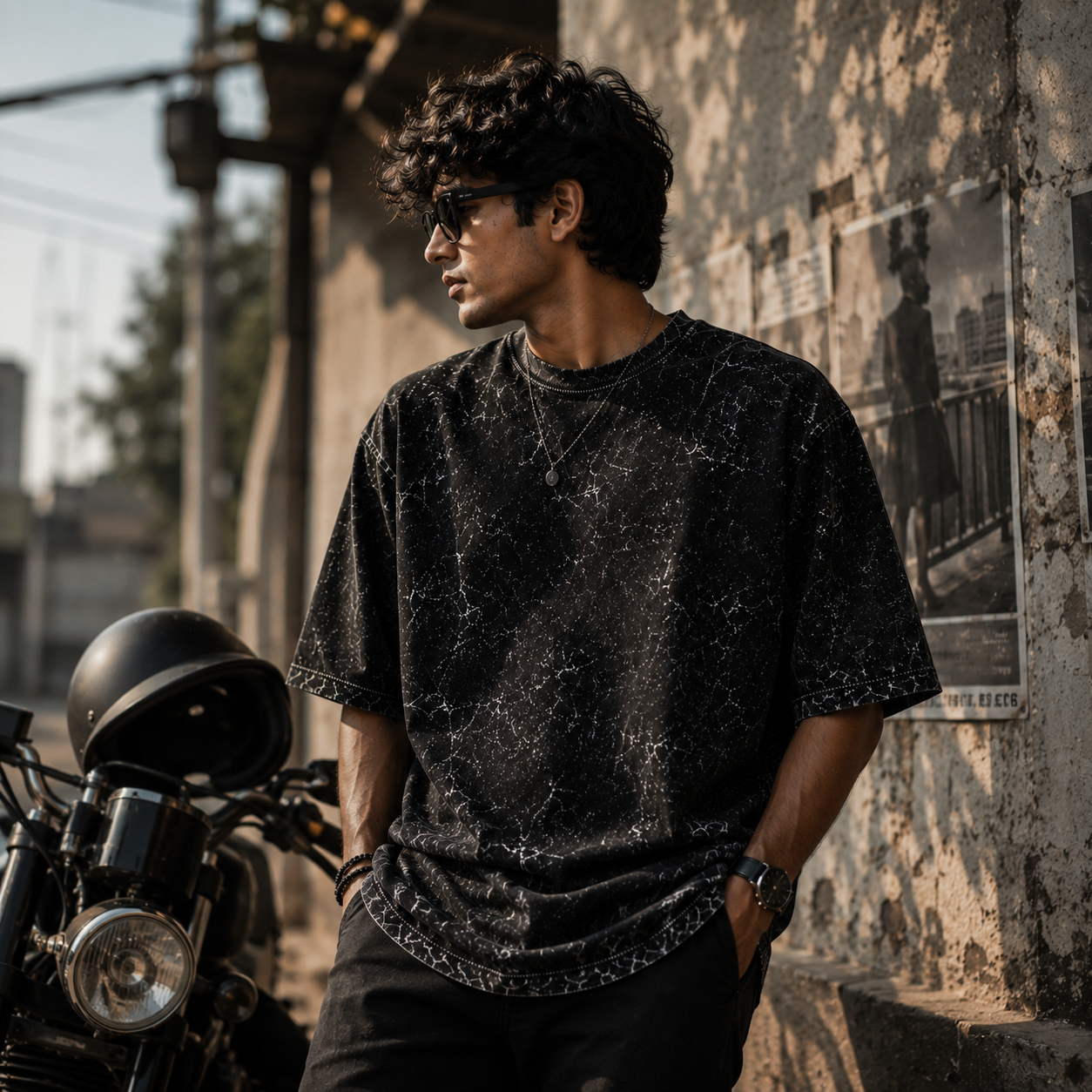 Premium black acid wash oversized t-shirt for men in 240 GSM heavyweight 100% cotton, featuring a vintage streetwear look with relaxed fit and urban styling by Bond Thread.
